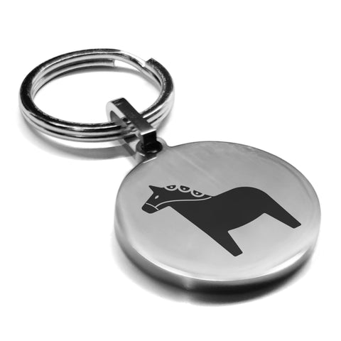 Stainless Steel Dala Horse Good Luck Charm Round Medallion Keychain