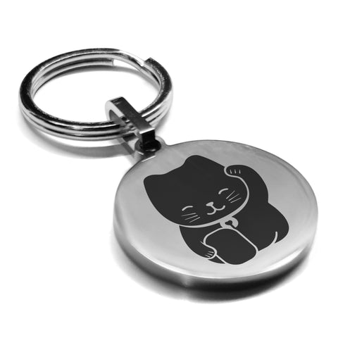 Stainless Steel Maneki Neko Good Luck Charm Round Medallion Keychain