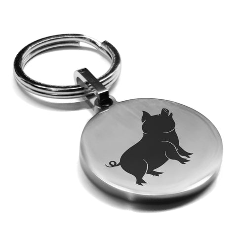 Stainless Steel Pig Good Luck Charm Round Medallion Keychain