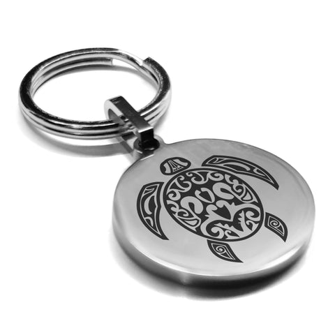 Stainless Steel Turtle Maori Symbol Round Medallion Keychain