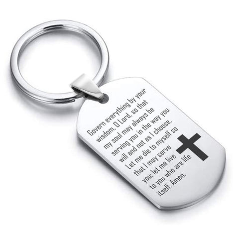 Stainless Steel Let Me Serve You Prayer Dog Tag Keychain