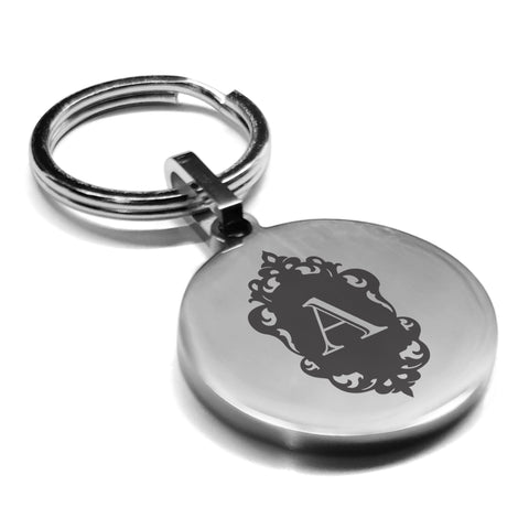 Stainless Steel Royal Crest Alphabet Letter A initial Round Medallion Keychain