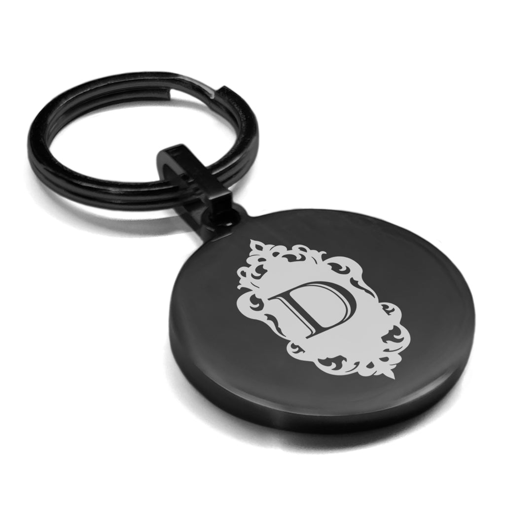 Stainless Steel Royal Crest Alphabet Letter D initial Round Medallion Keychain Circle Ring