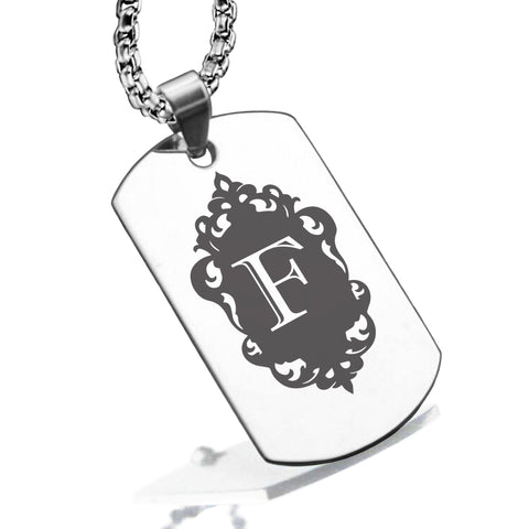 Stainless Steel Royal Crest Alphabet Letter F initial Dog Tag Pendant