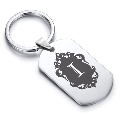 Stainless Steel Royal Crest Alphabet Letter I initial Dog Tag Keychain