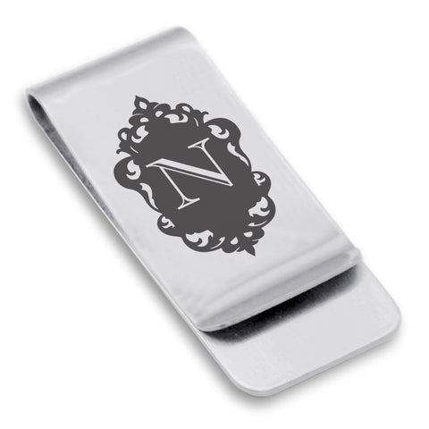 Stainless Steel Royal Crest Alphabet Letter N initial Classic Slim Money Clip