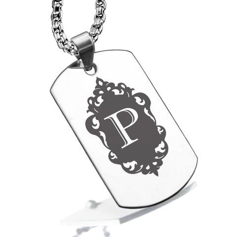 Stainless Steel Royal Crest Alphabet Letter P initial Dog Tag Pendant