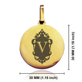 Stainless Steel Royal Crest Alphabet Letter V initial Round Medallion Pendant
