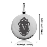Stainless Steel Royal Crest Alphabet Letter V initial Round Medallion Pendant
