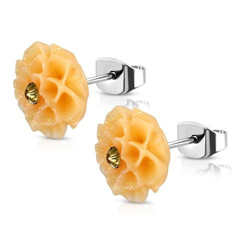 Stainless Steel Resin Dahlias Lotus Flower Floral Cubic Zirconia Stud Earrings - Comfort Zone Studios