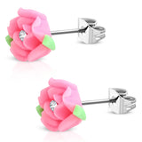 Stainless Steel Cubic Zirconia 3-Tone Fimo Polymer Clay Rose Flower Floral Stud Earrings - Comfort Zone Studios