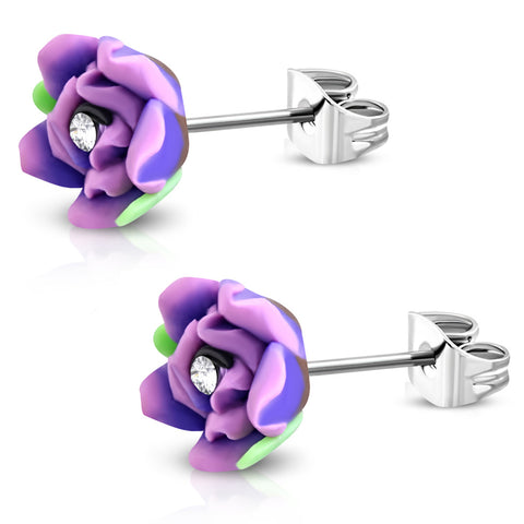 Stainless Steel Cubic Zirconia 3-Tone Fimo Polymer Clay Rose Flower Floral Stud Earrings - Comfort Zone Studios