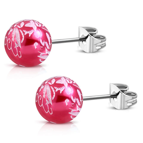 Stainless Steel Artisan Floral Painted Acrylic Bead Button Stud Earrings - Comfort Zone Studios