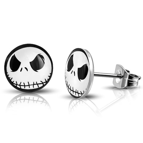 Stainless Steel Jack Skellington Round Circle Button Stud Earrings - Comfort Zone Studios