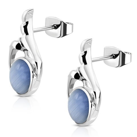 Stainless Steel Swan Song Round Cabochon Sky Blue Cat Eyes Stone Stud Earrings - Comfort Zone Studios