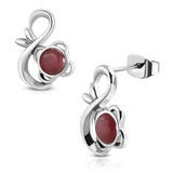 Stainless Steel Floral Infinity Figure 8 Round Cabochon Scarlet Red Cat Eyes Stone Stud Earrings - Comfort Zone Studios