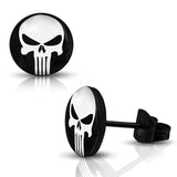 Stainless Steel Punisher Skull Round Circle Button Stud Earrings