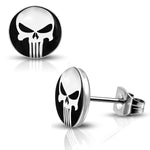 Stainless Steel Punisher Skull Round Circle Button Stud Earrings