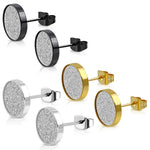 Stainless Steel Sandblasted Illusion Round Circle Glitter Button Stud Earrings - Comfort Zone Studios