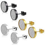 Stainless Steel Sandblasted Illusion Round Circle Glitter Button Stud Earrings - Comfort Zone Studios