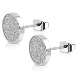 Stainless Steel Sandblasted Illusion Round Circle Glitter Button Stud Earrings - Comfort Zone Studios