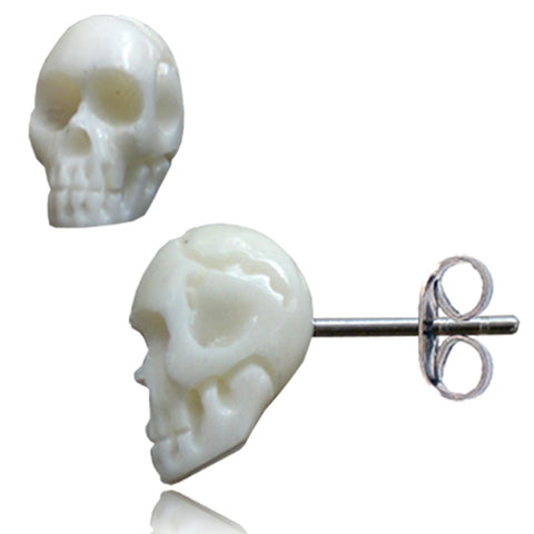 Organic Hand Carved Bone 3D Skull Stainless Steel Post Stud Earrings - Comfort Zone Studios