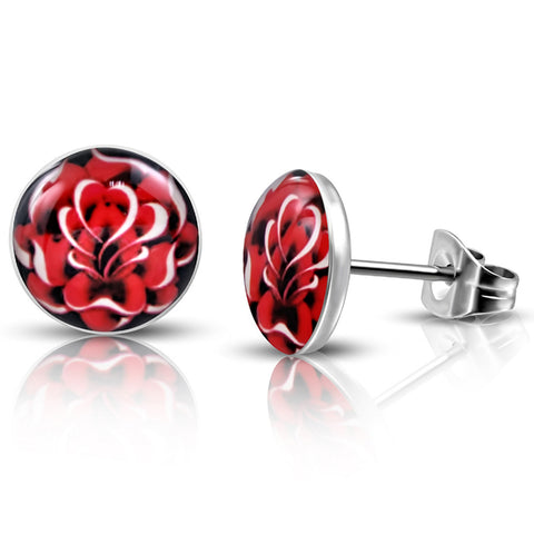 Stainless Steel Fire Red Floral Rose Circle Round Button Stud Post Earrings - Comfort Zone Studios