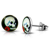 Stainless Steel Vintage Day of the Dead Skull Red Rose Circle Round Button Stud Post Earrings - Comfort Zone Studios