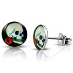 Stainless Steel Vintage Day of the Dead Skull Red Rose Circle Round Button Stud Post Earrings - Comfort Zone Studios