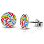 Steel Rainbow Spiral Lollipop Candy Circle Round Button Stud Post Earrings - Comfort Zone Studios