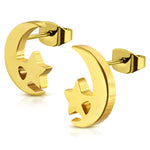Stainless Steel Tiny Crescent Moon &amp; Star Stud Post Earrings - Comfort Zone Studios