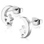 Stainless Steel Tiny Crescent Moon &amp; Star Stud Post Earrings - Comfort Zone Studios