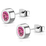 Stainless Steel Bezel-Set Cubic Zirconia Illusion Circle Round Button Stud Post Earrings - Comfort Zone Studios