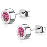 Stainless Steel Bezel-Set Cubic Zirconia Illusion Circle Round Button Stud Post Earrings - Comfort Zone Studios
