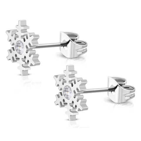 Stainless Steel Crystalized Snowflake Cubic Zirconia Button Stud Post Earrings - Comfort Zone Studios