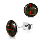 Stainless Steel Two-Tone Carbon Fiber Round Circle Button Stud Post Earrings - Comfort Zone Studios