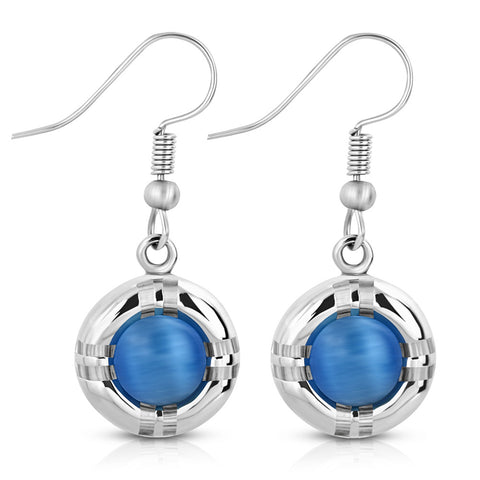 Stainless Steel Cat's Eye Cabochon Stone Round Circle Long Dangle Drop Earrings - Comfort Zone Studios