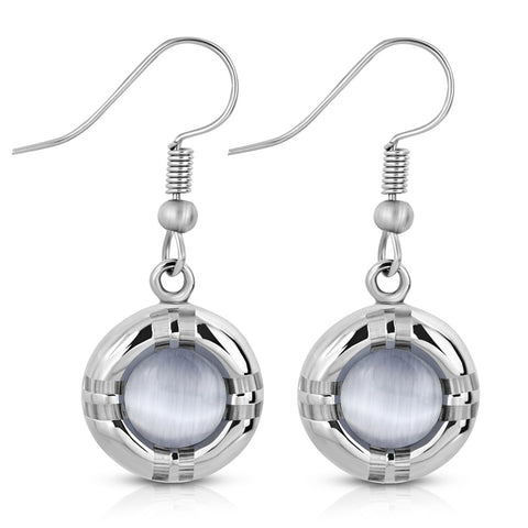 Stainless Steel Cat's Eye Cabochon Stone Round Circle Long Dangle Drop Earrings - Comfort Zone Studios