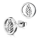 Stainless Steel Nature Olive Leaf Branch Circle Round Button Stud Post Earrings - Comfort Zone Studios