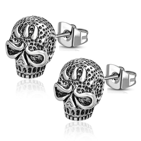 Stainless Steel 3D Ghost Skull Bone Two-Tone Biker Stud Post Earrings - Comfort Zone Studios