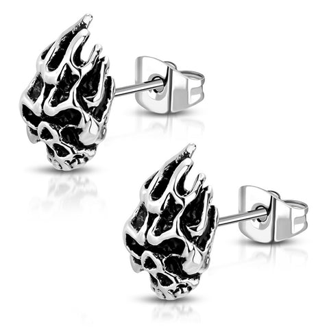 Stainless Steel 3D Flaming Ghost Rider Skull Bone Two-Tone Biker Stud Post Earrings - Comfort Zone Studios