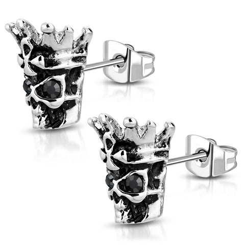 Stainless Steel 3D Skeleton King Skull Bone Jet Black CZ Two-Tone Biker Stud Post Earrings - Comfort Zone Studios