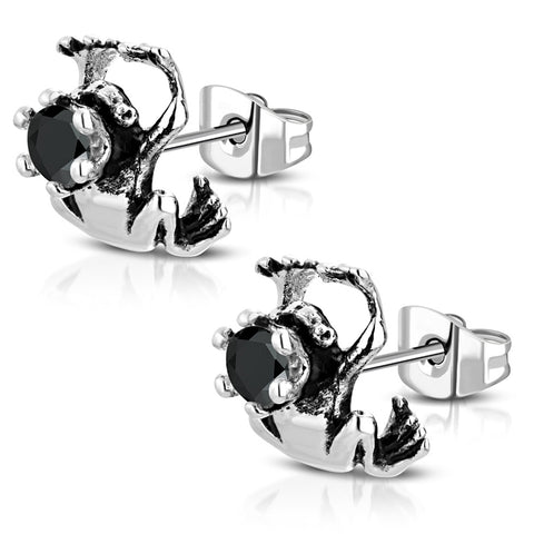 Stainless Steel 3D Frog Prince Charming CZ Two-Tone Biker Stud Post Earrings - Comfort Zone Studios