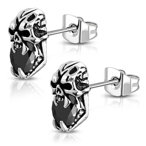 Stainless Steel 3D Orcs Skull Bone CZ Two-Tone Biker Stud Post Earrings - Comfort Zone Studios