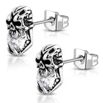 Stainless Steel 3D Orcs Skull Bone CZ Two-Tone Biker Stud Post Earrings - Comfort Zone Studios