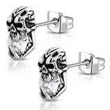 Stainless Steel 3D Orcs Skull Bone CZ Two-Tone Biker Stud Post Earrings - Comfort Zone Studios