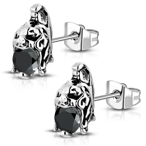 Stainless Steel 3D Spartan Warrior Skull Bone Helmet CZ Two-Tone Biker Stud Post Earrings - Comfort Zone Studios