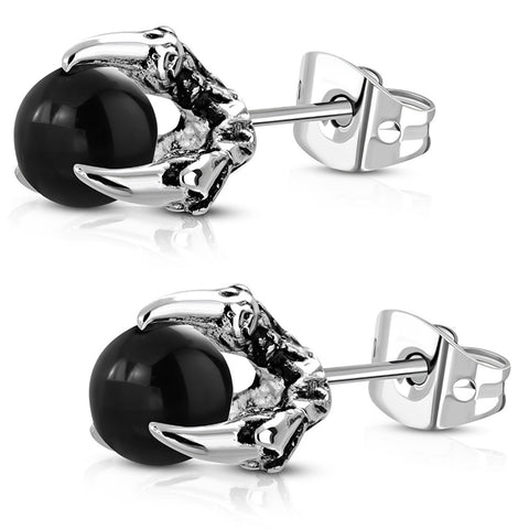 Stainless Steel 3D Dragon Talon Claw Crystal Ball Two-Tone Biker Stud Post Earrings - Comfort Zone Studios