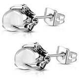 Stainless Steel 3D Dragon Talon Claw Crystal Ball Two-Tone Biker Stud Post Earrings - Comfort Zone Studios