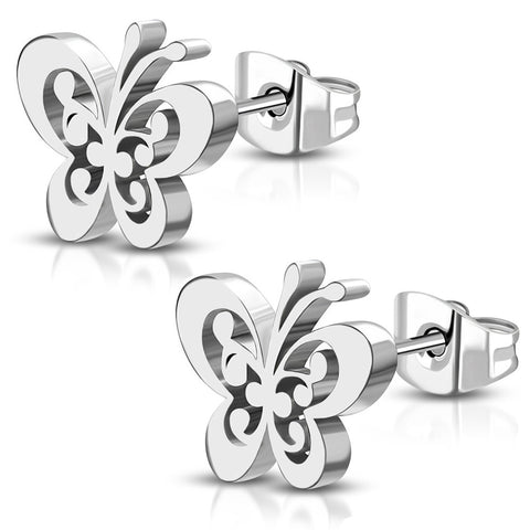 Stainless Steel Floral Filigree Butterfly Cut-Out Stud Post Piercing Earrings - Comfort Zone Studios